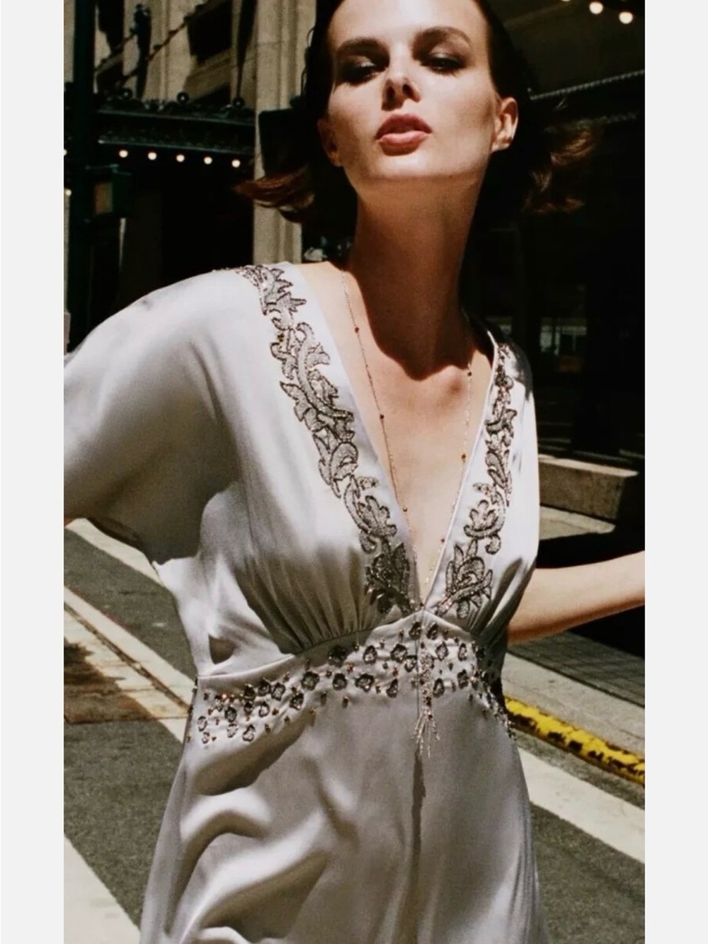 Zara Cream Satin Mini Dress with Metallic Embroidery